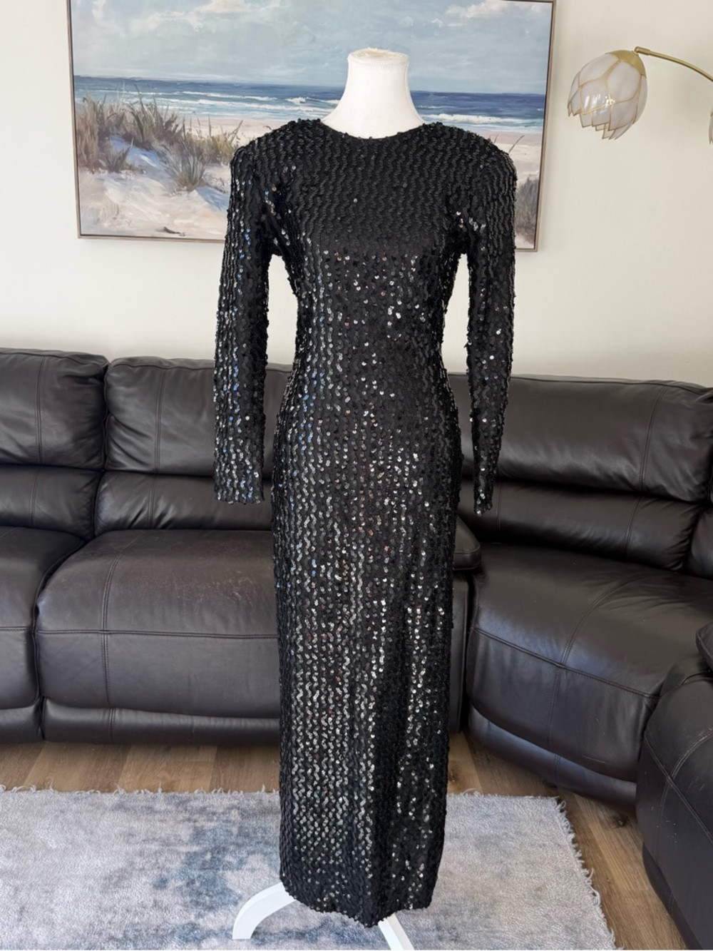 Vintage Jarrod’s Black Sequin Maxi Dress Open Back Long Sleeve Evening Gown S/M